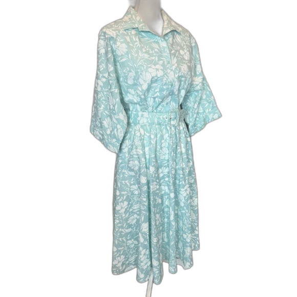 VTG The American Shirt Dress Aqua White Floral Belted Women’s 15/16 Vintage 80’s - Picture 2 of 10